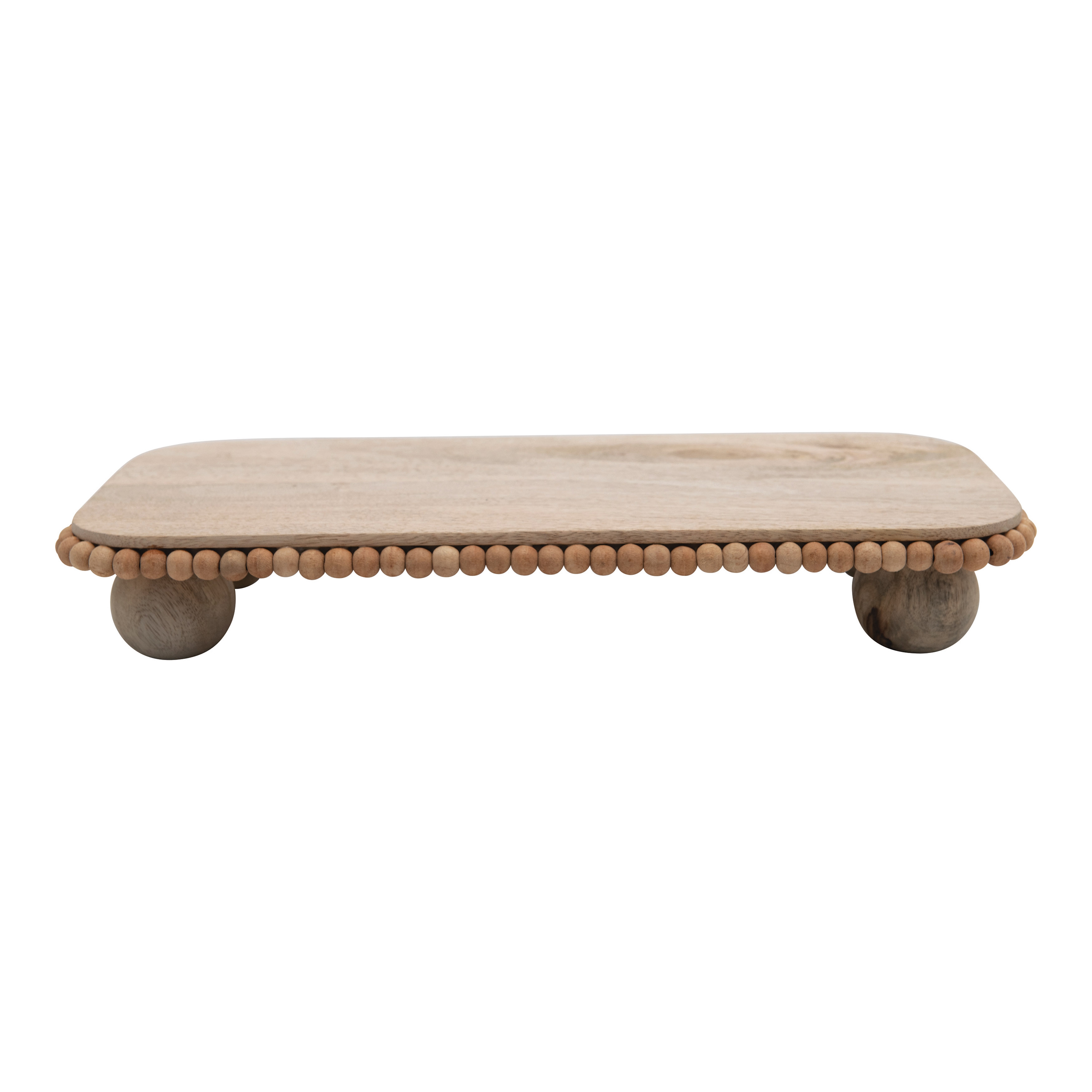 Mango Wood Pedestal with Wood Beads; Modern Footed Serving Tray / Decorative Wood Pedestal for Dessert Table, Natural Colored - Image 0