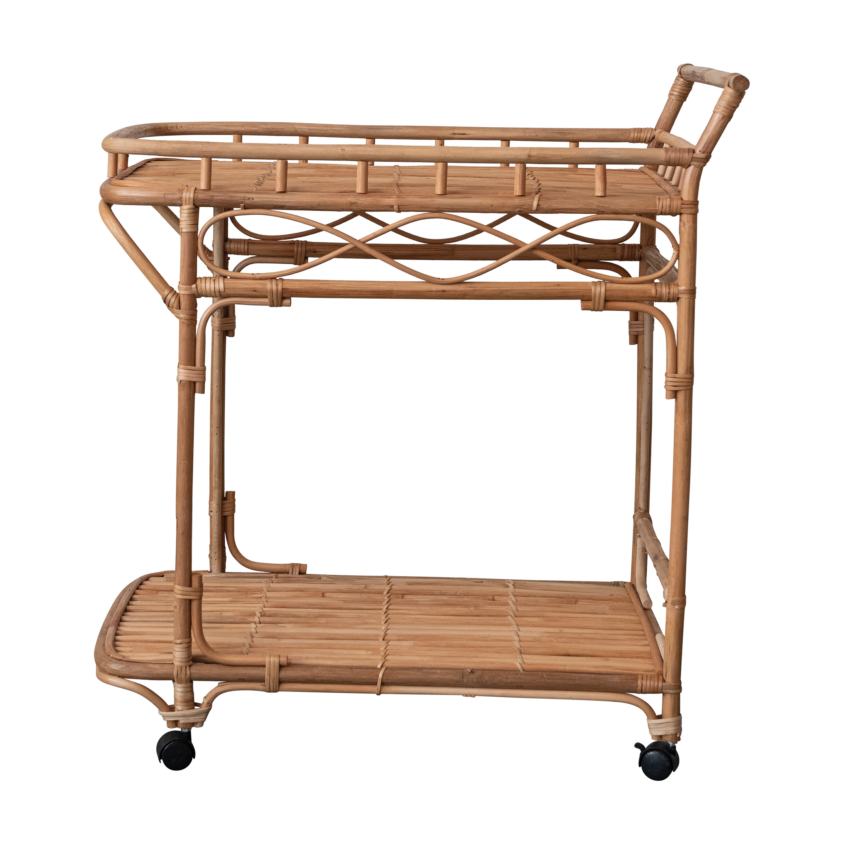 Hand-Woven Rattan 2-Tier Bar Cart on Wheels, Natural - Image 0