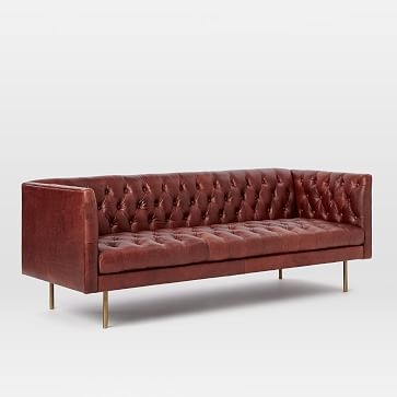Modern Chesterfield 79" Sofa, Poly, Charme Leather, Oxblood, Brass - Image 0