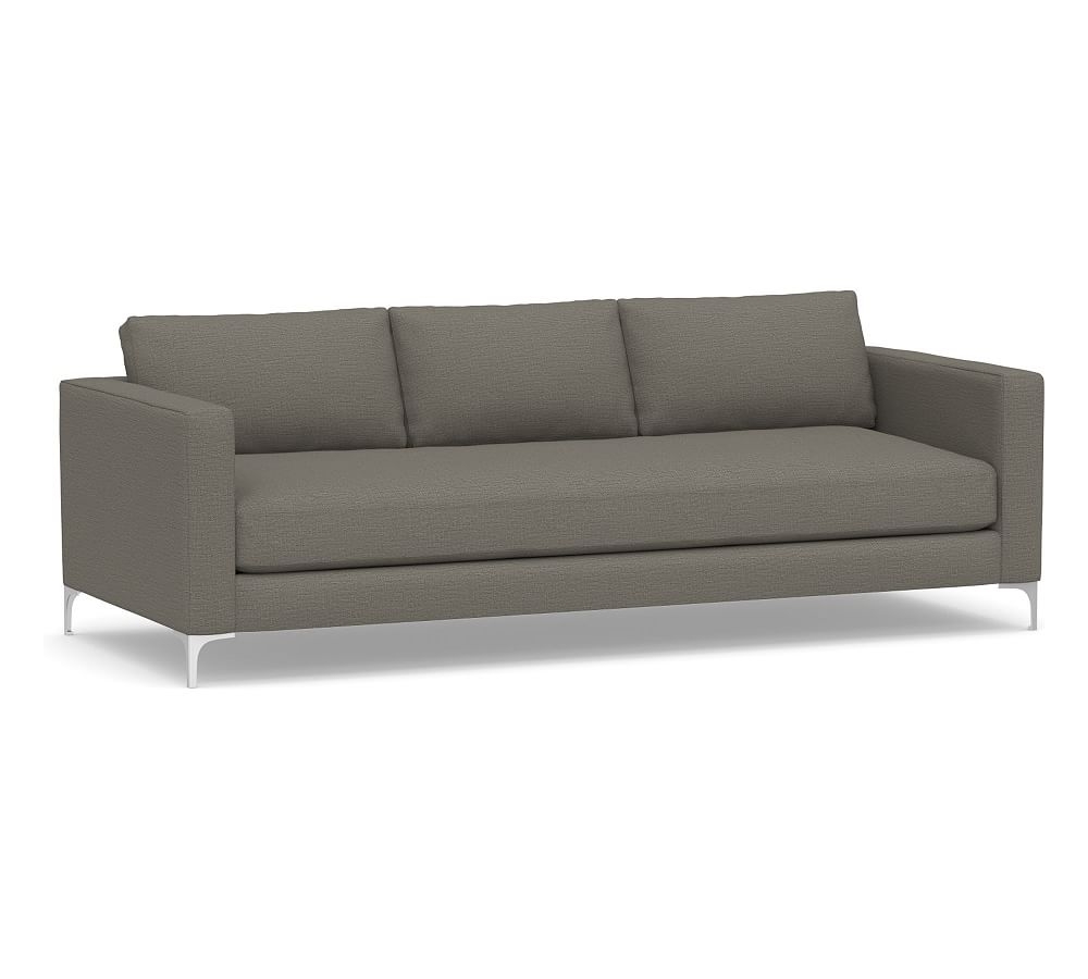 Jake Upholstered Grand Sofa 96" with Brushed Nickel Legs, Polyester Wrapped Cushions, Chunky Basketweave Metal - Image 0