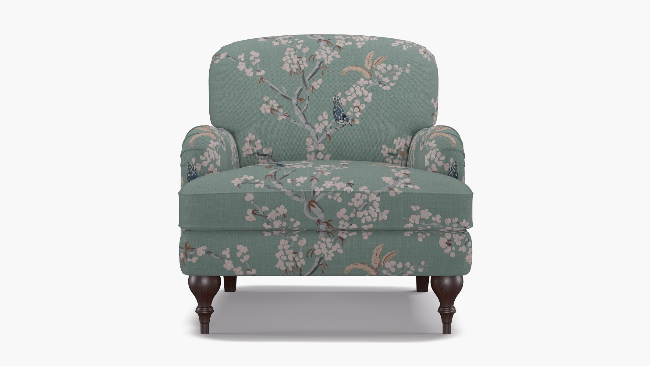 English Roll Arm Chair, Mint Cherry Blossom, Espresso Turned Wood Leg - Image 0