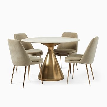 Silhouette Pedestal Round Dining Table (60") + 6 Finley Chair Set (Light Taupe) - Image 2