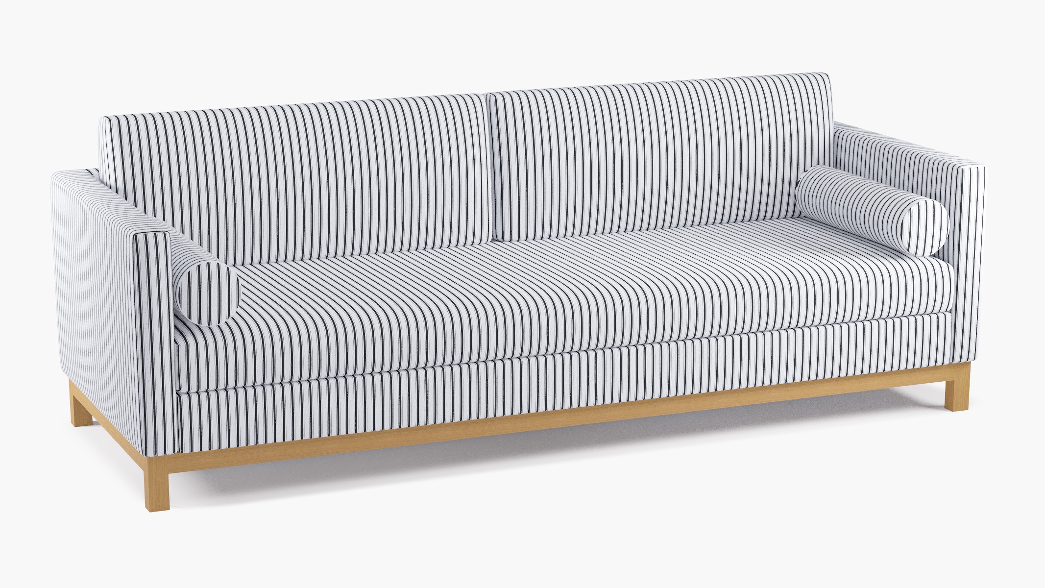 Tailored Tuxedo Sofa, Black Classic Ticking Stripe, Natural Wood Rail - Image 1