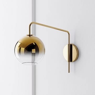 Sculptural Adjustable Sconce, Portable Convertible, Globe Mini, Clear, Antique Brass, 6" - Image 1
