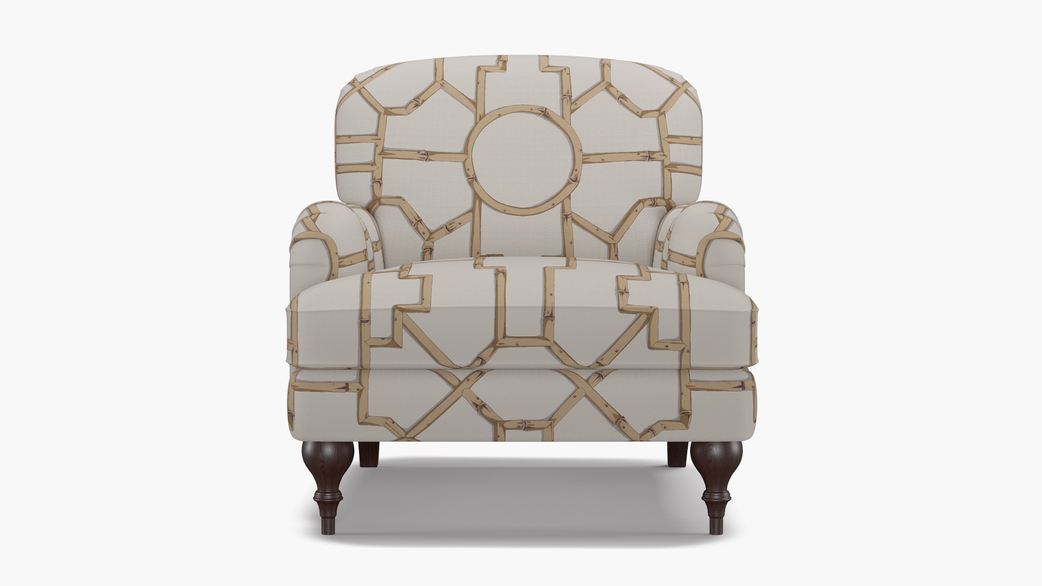 English Roll Arm Chair, Tan Baldwin Bamboo, Espresso Turned Wood Leg - Image 0