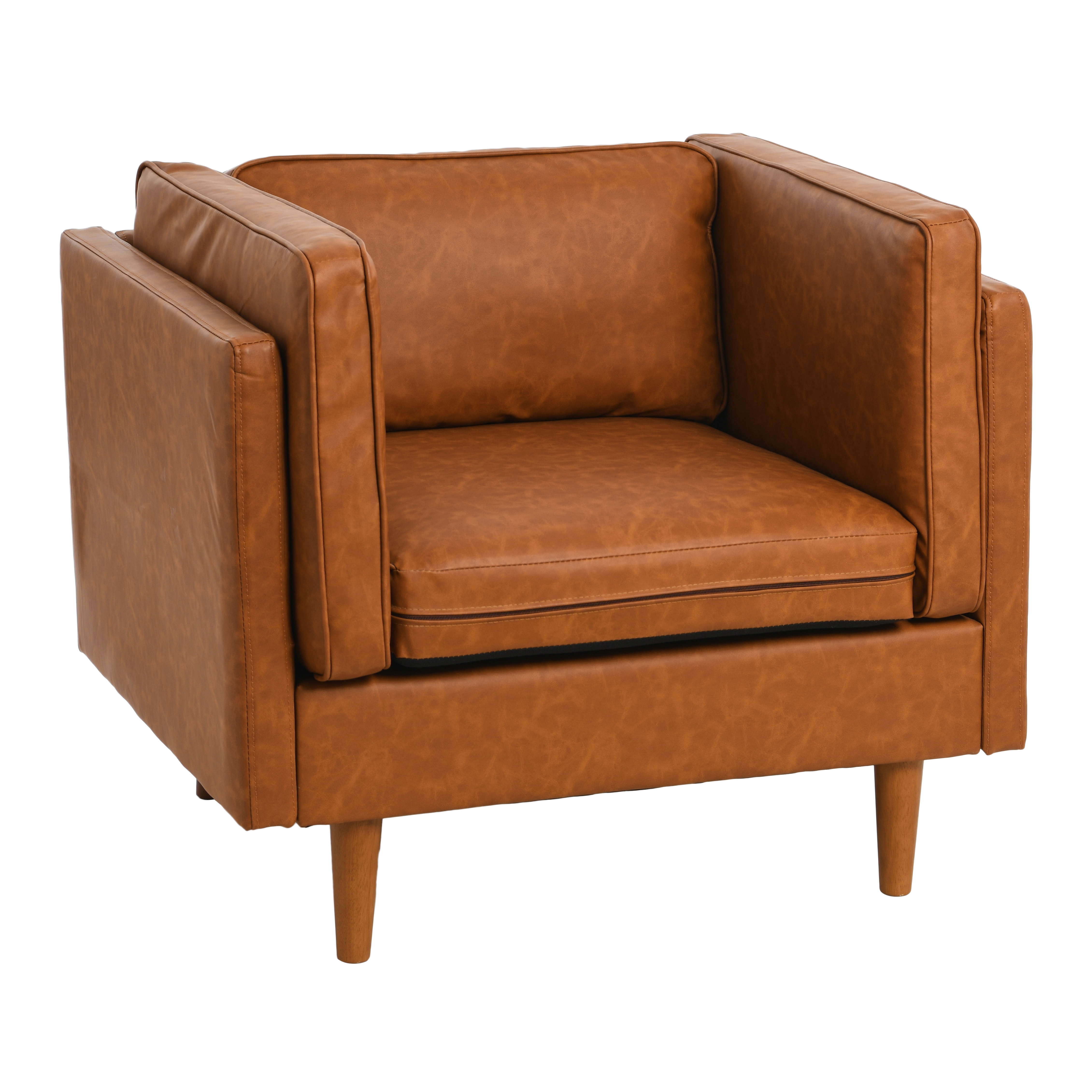 Atley Modern Upholstered High Sided Arm Chair with Solid Wood Legs, Vegan Cognac Leather - Image 0