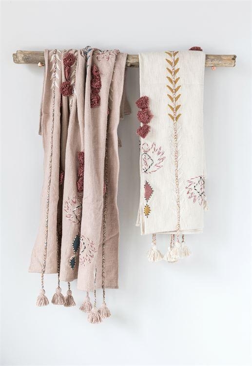 Embroidered Throw with Decorative Applique, Pom Poms & Tassels, Pink Cotton - Image 1