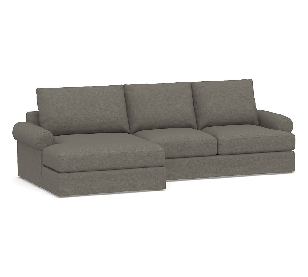 Canyon Roll Arm Slipcovered Right Arm Loveseat with Double Chaise Sectional, Down Blend Wrapped Cushions, Chunky Basketweave Metal - Image 0