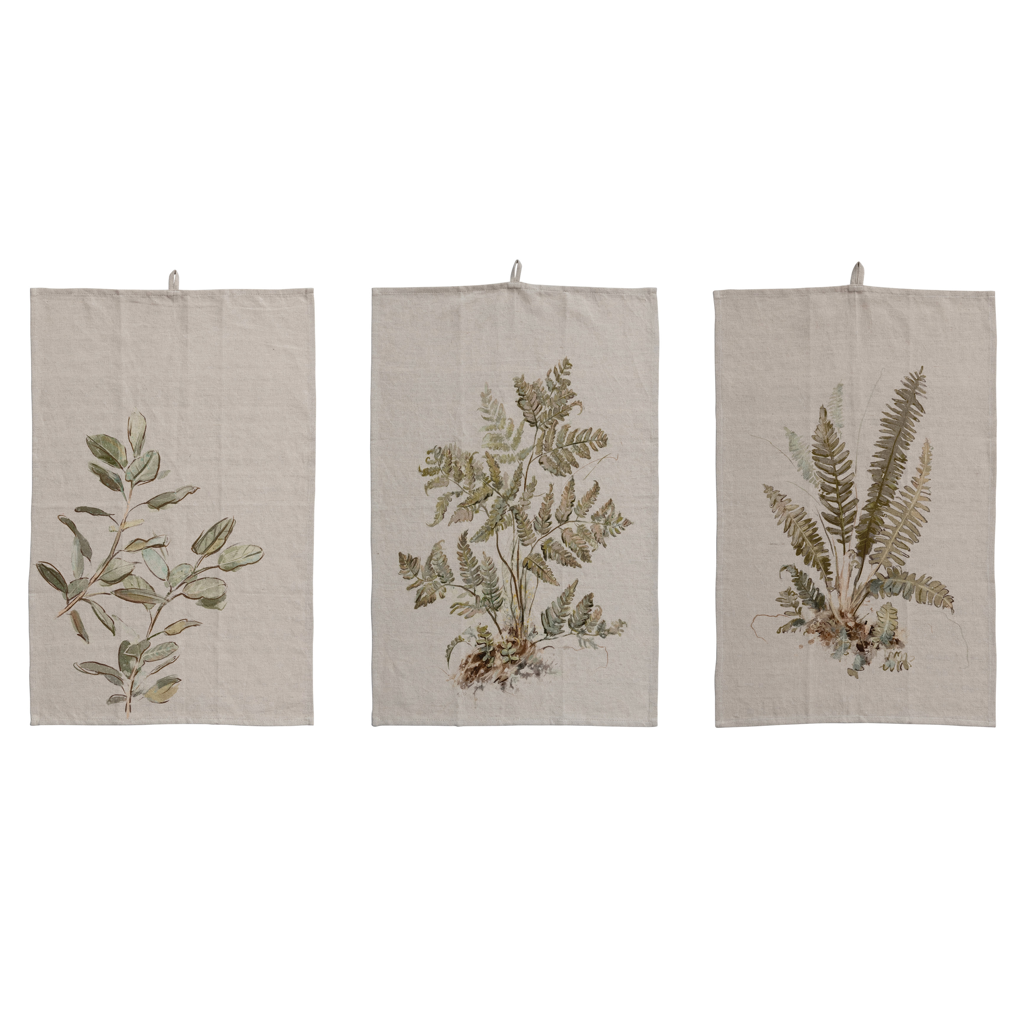  Cotton and Linen Printed Tea Towel with Botanical Image, and Loop, Set of 3 Styles - Image 0