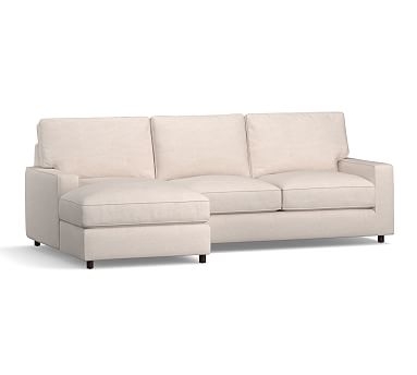 PB Comfort Square Arm Upholstered Right Arm Loveseat with Chaise Sectional, Box Edge Down Blend Wrapped Cushions, Performance Plush Velvet Camel - Image 0