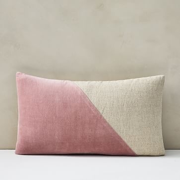 Cotton Linen + Velvet Lumbar Pillow Cover, 12"x21", Pink Stone - Image 0