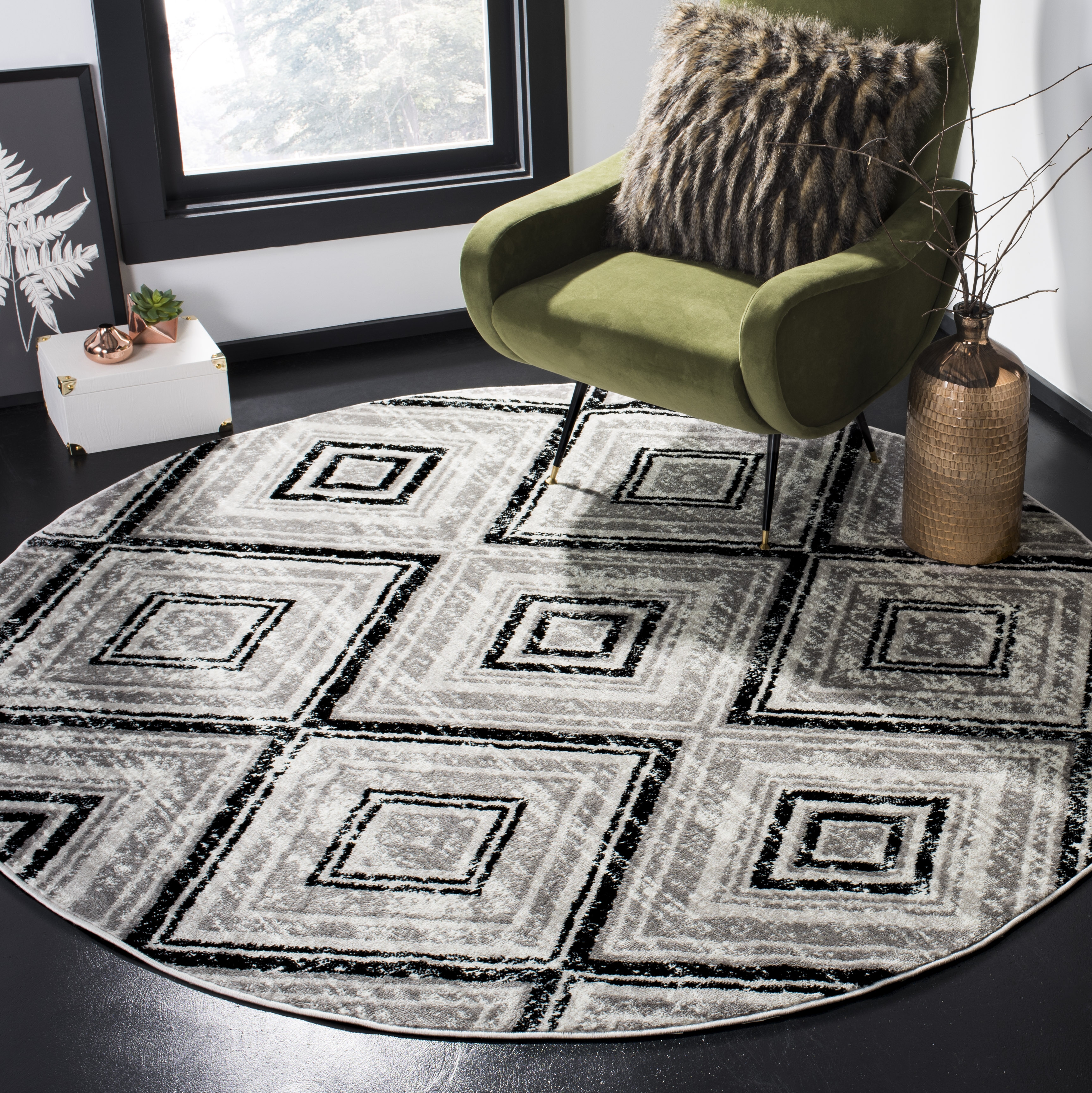 Arlo Home Woven Area Rug, SKY120J, Grey/Black,  6' 7" X 6' 7" Round - Image 1