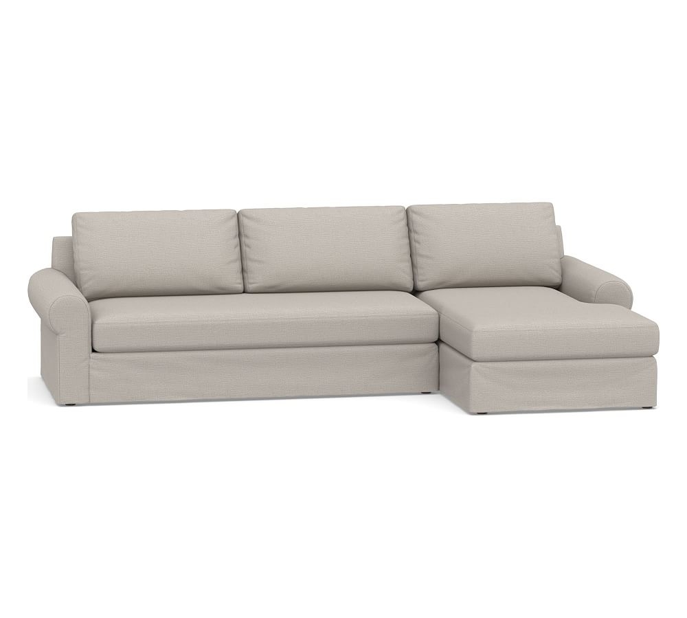 Big Sur Roll Arm Slipcovered Left Arm Sofa with Chaise Sectional and Bench Cushion, Down Blend Wrapped Cushions, Chunky Basketweave Stone - Image 0