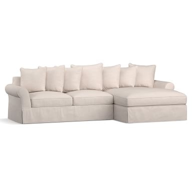 PB Comfort Roll Arm Slipcovered Left Arm Loveseat with Double Chaise Sectional, Box Edge Down Blend Wrapped Cushions, Sunbrella Performance Chenille Indigo - Image 2