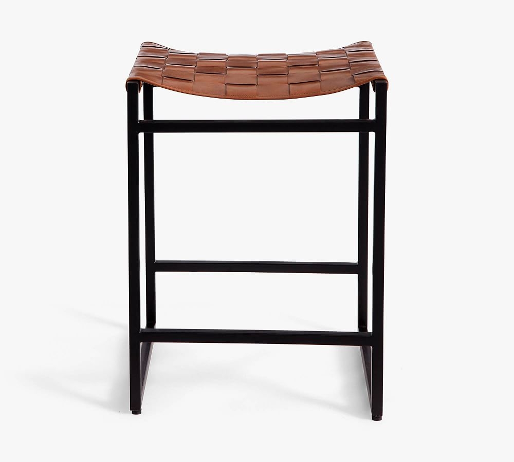 Hardy Woven Leather Backless Counter Stool, Bronze/Saddle Tan Leather - Image 0