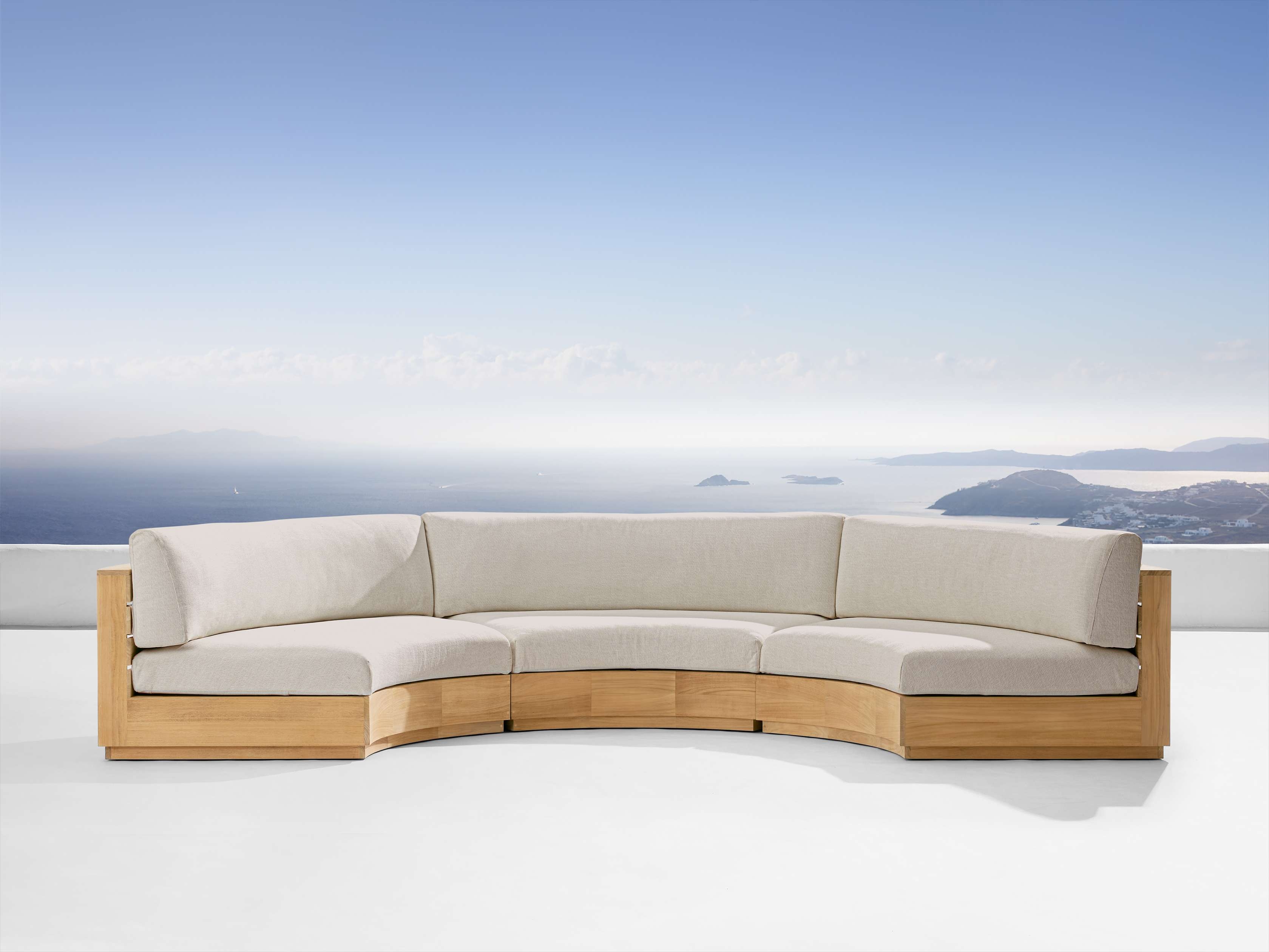 Bal Harbour Outdoor Curved Three Piece Sectional in Wood Natural  Eden Oyster - Image 0