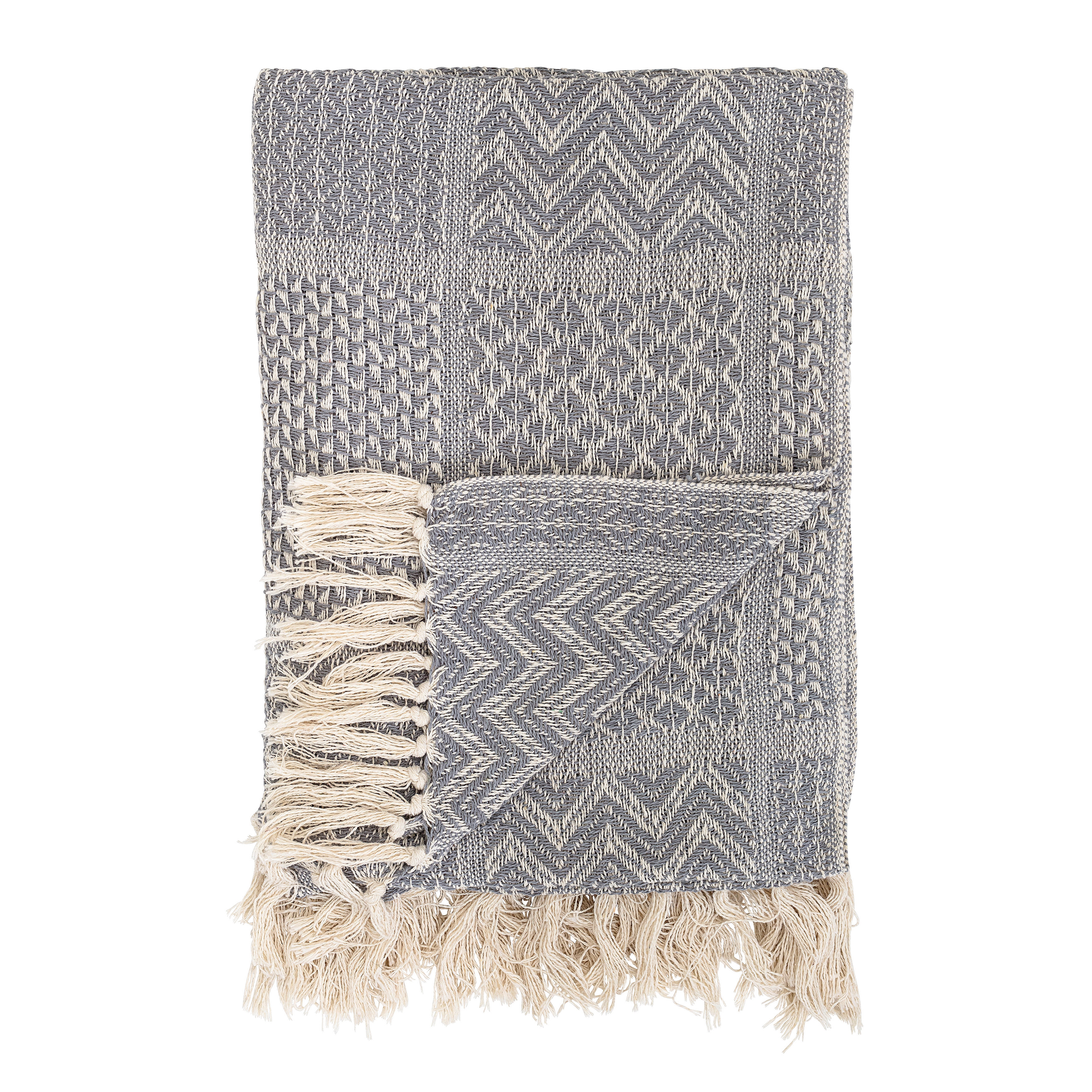 Grey Cotton Blend Knit Throw with Fringe - Image 0