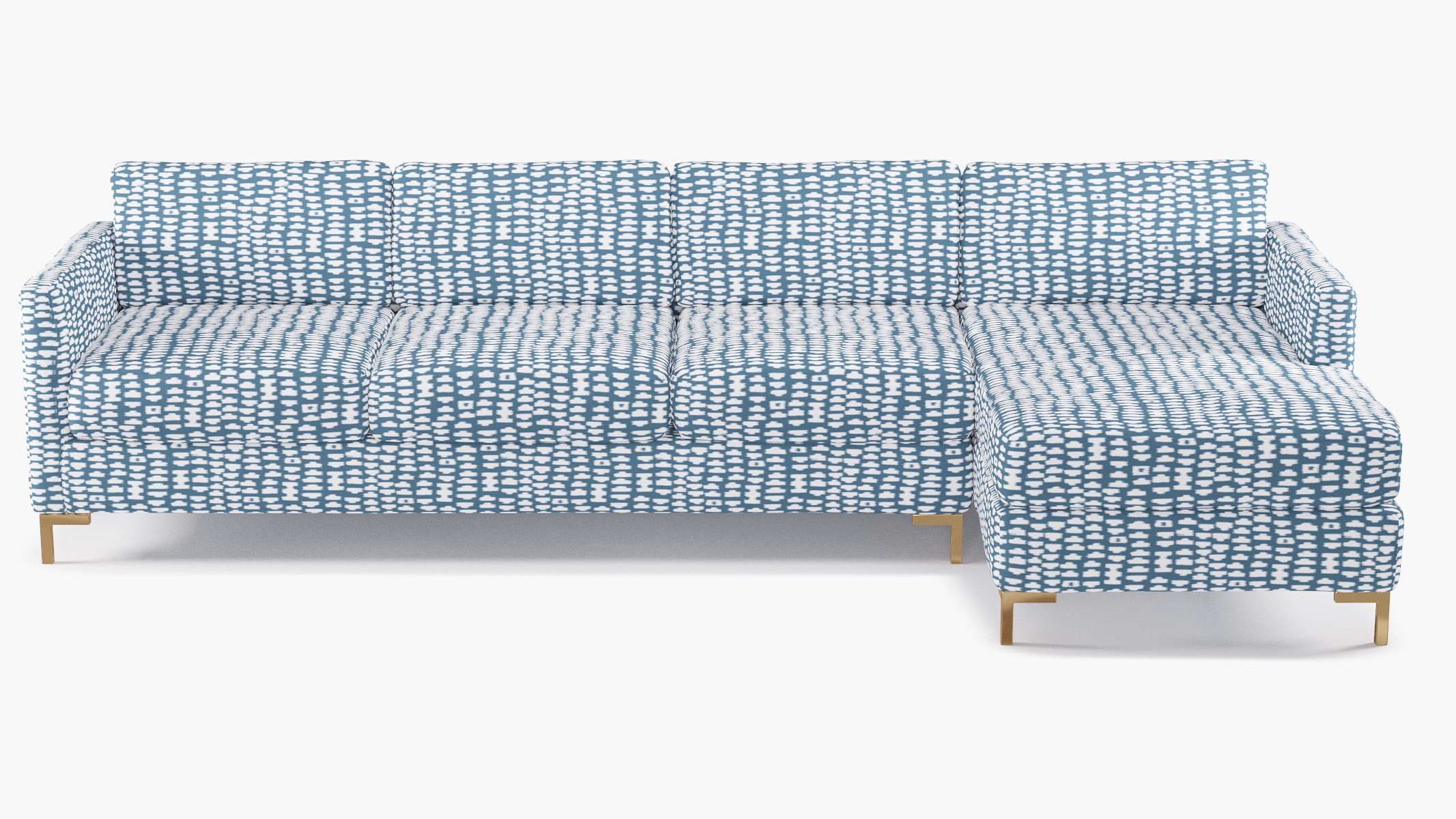 Modern Sectional, Right Facing, Dusty Blue Odalisque, Brass L Leg