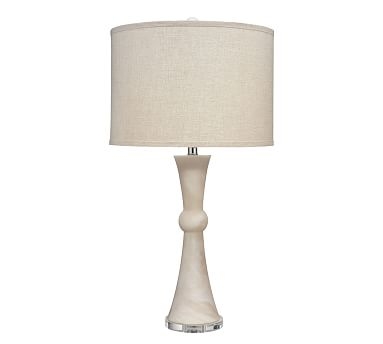 Summit Table Lamp, White Faux Alabaster and Natural Linen - Image 0
