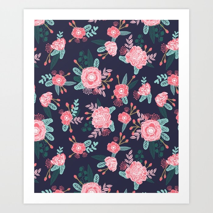Peony Floral Bouquet Navy Pink Bright Happy Flowers Dorm College Office Decor Must Have Pattern Art Print by Charlottewinter - X-Small - Image 0