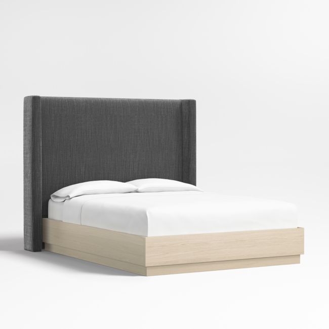 Arden 60" Charcoal Grey Queen Upholstered Headboard with Batten White Oak Bed Base - Image 0