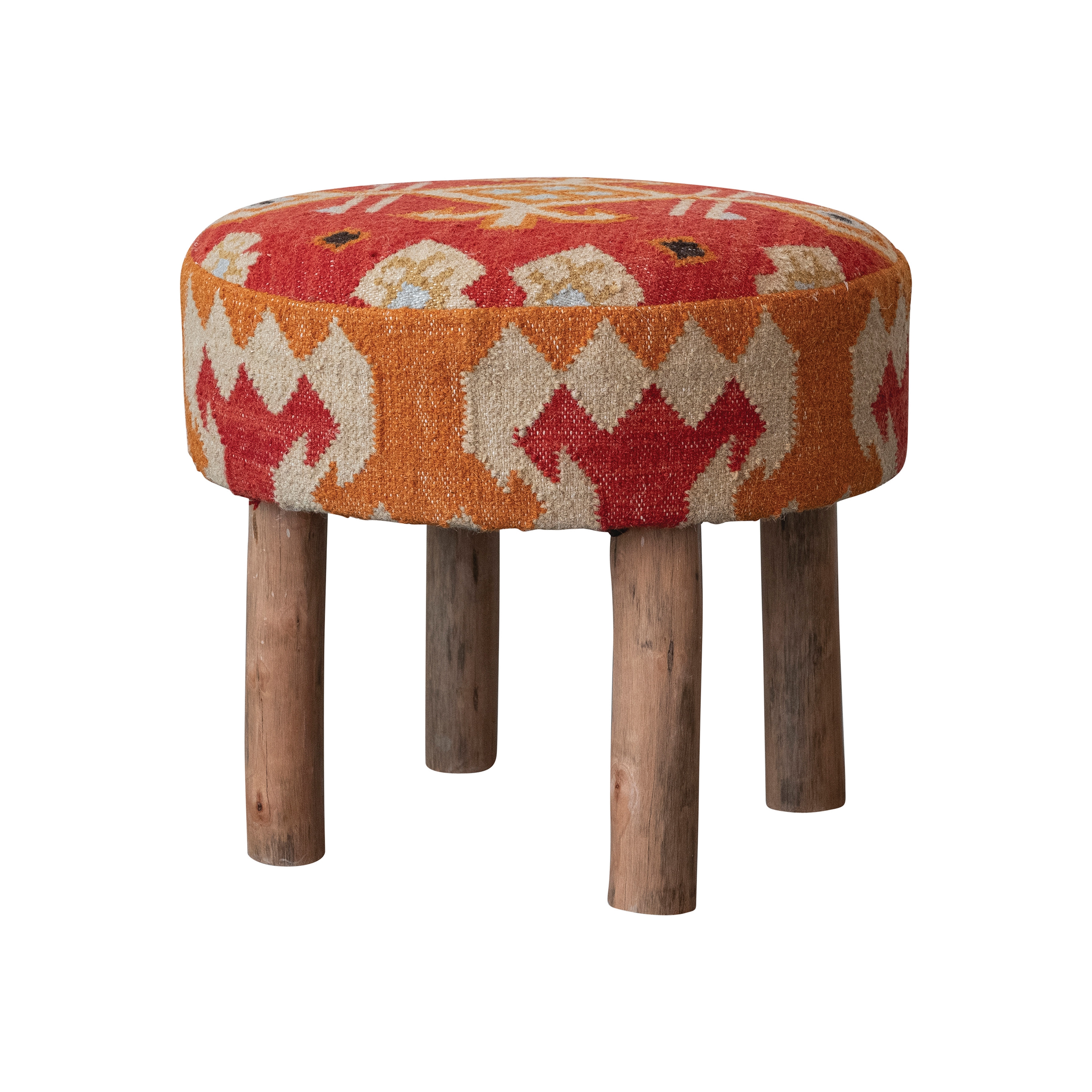 Round Cotton and Wool Kilim Stool with Wood Legs, Natural and Orange - Image 0