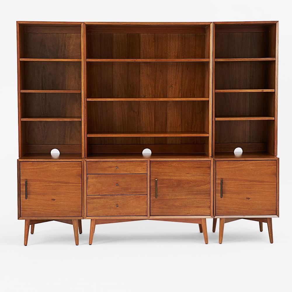 Mid Century Media With Wide Hutch, Acorn (1 small console, 2 door bases, 2 narrow hutches) - Image 0