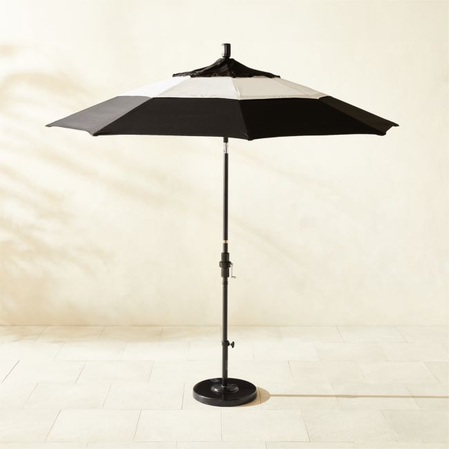 Market Round Black & Natural White Stripe Outdoor Umbrella with Black Base - Image 0