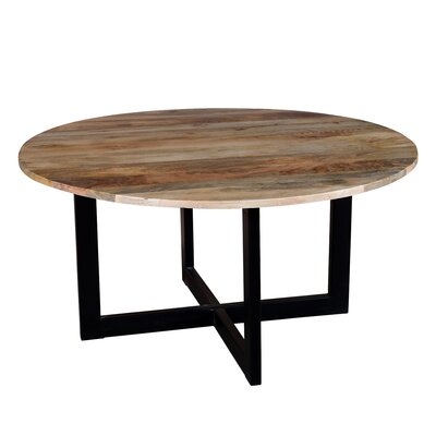 59 Inches Round Mango Wood Top Dining Table With Metal Legs, Brown And Black - Image 0
