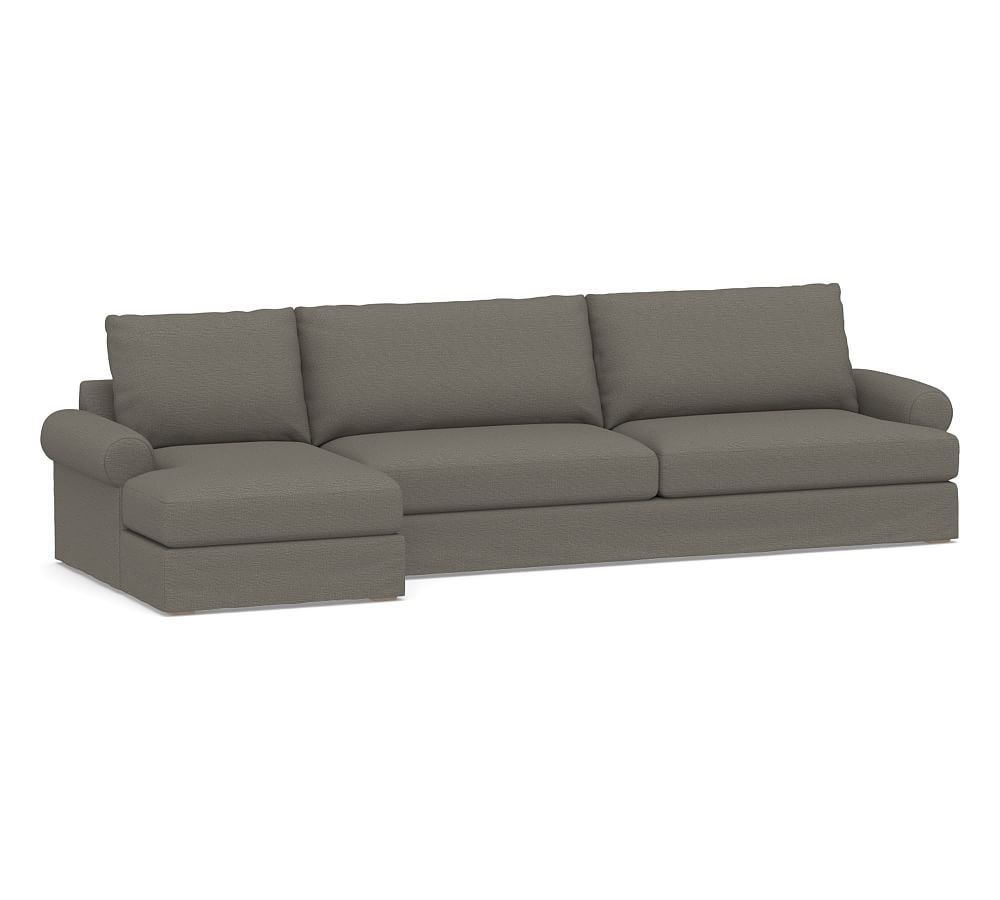 Canyon Roll Arm Slipcovered Right Arm Sofa with Chaise Sectional, Down Blend Wrapped Cushions, Chunky Basketweave Metal - Image 0