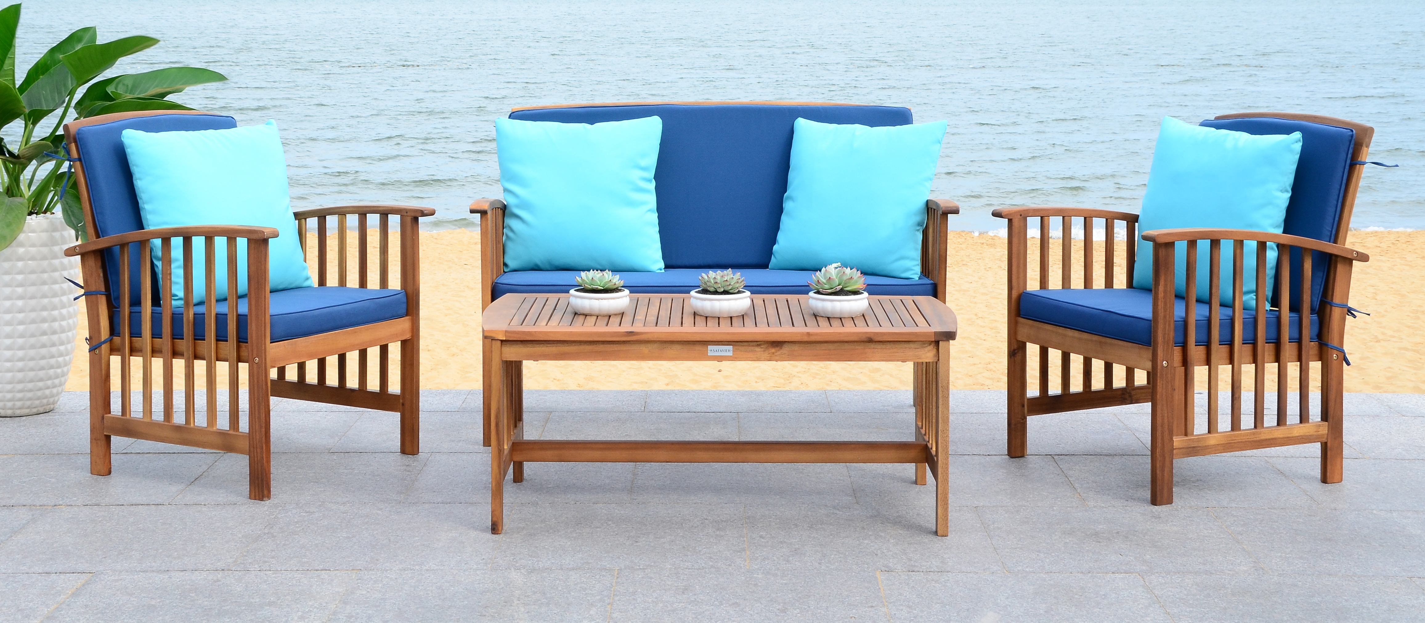Rocklin 4 Piece Outdoor Set - Natural Look/Navy - Safavieh - Image 0