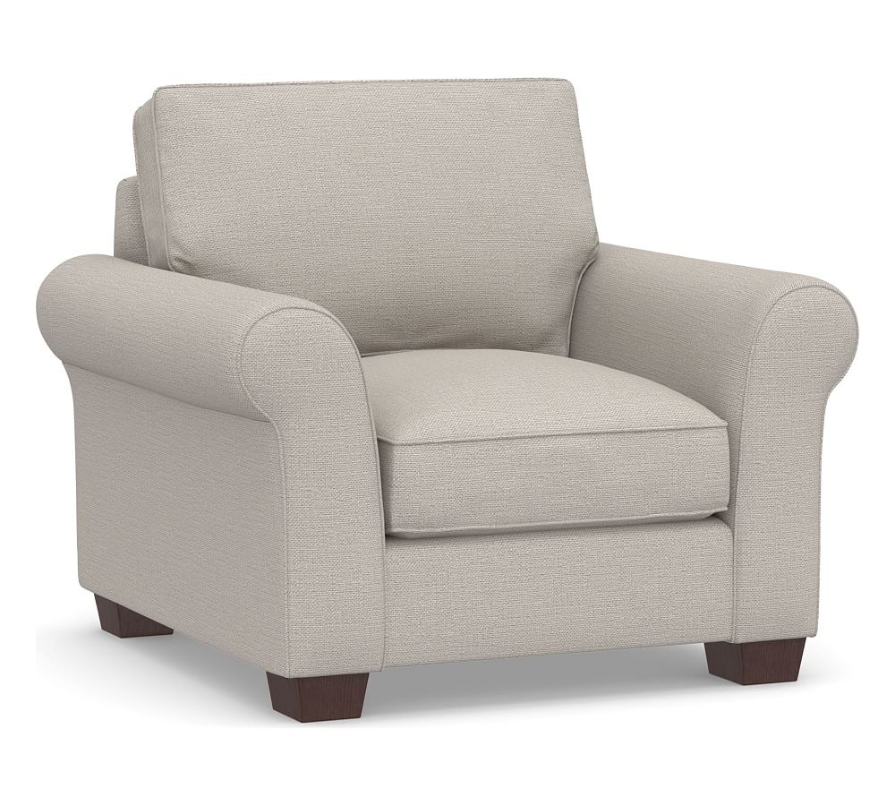 PB Comfort Roll Arm Upholstered Armchair, Box Edge Down Blend Wrapped Cushions, Chunky Basketweave Stone - Image 0