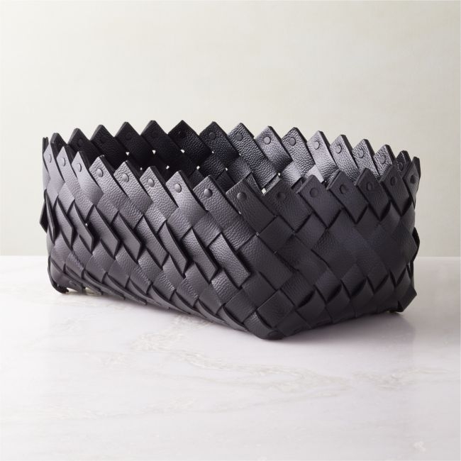 Willa Woven Black Leather Storage Basket Medium - Image 0