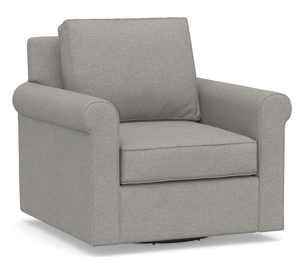 Cameron Roll Arm Upholstered Swivel Armchair, Polyester Wrapped Cushions, Performance Heathered Basketweave Platinum - Image 0