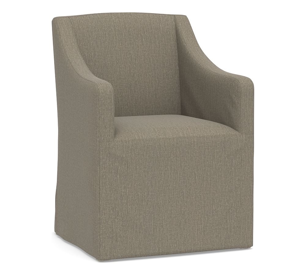 Classic Slope Arm Slipcovered Dining Armchair, Gray Wash Frame, Chenille Basketweave Taupe - Image 0