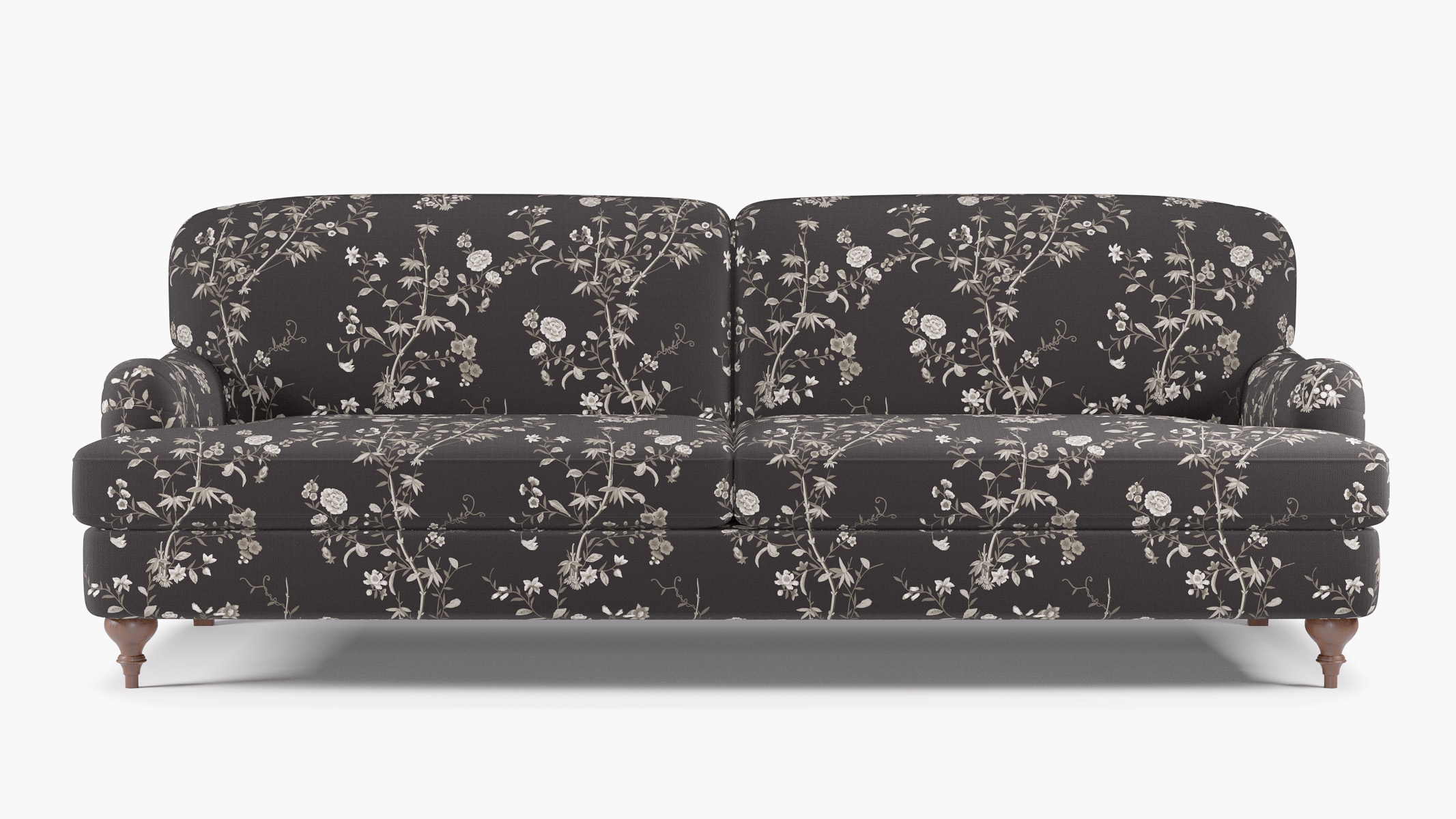 English Roll Arm Sofa, Black Bamboo Garden, Walnut Turned Wood Leg - Image 0