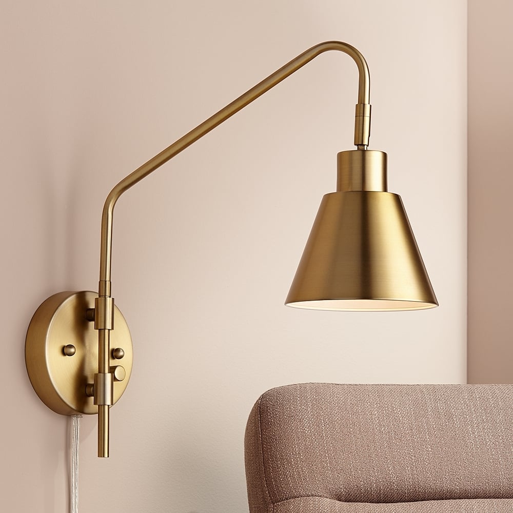360 Lighting Marybel Brass Adjustable Downlight Swing Arm Plug-In Wall Lamp - Image 1