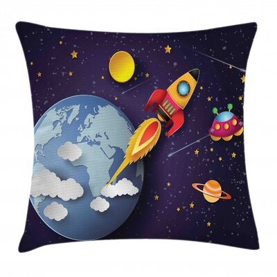 Ambesonne Outer Space Throw Pillow Cushion Cover, Rocket On Planetary System With Earth Stars Ufo Saturn Sun Galaxy Boys Print, Decorative Square Accent Pillow Case, 26" X 26", Multicolor - Image 0