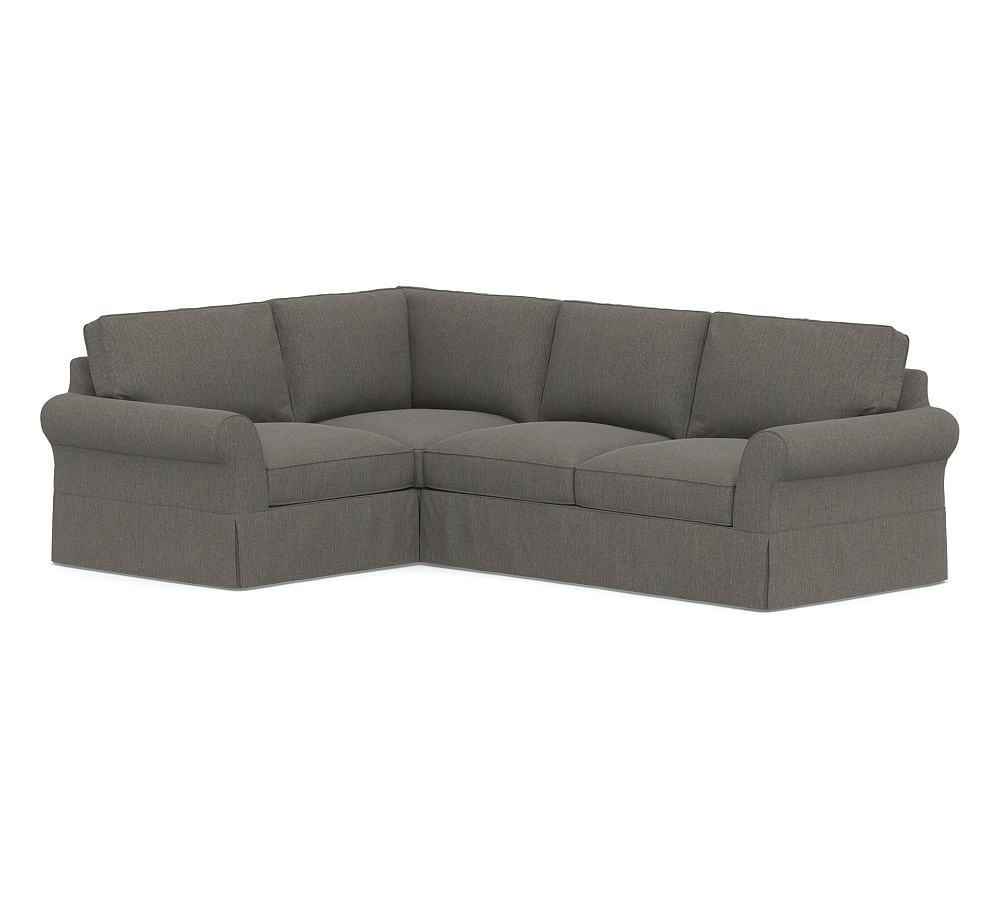 PB Comfort Roll Arm Slipcovered Right Arm 3-Piece Corner Sectional, Box Edge, Memory Foam Cushions, Chenille Basketweave Charcoal - Image 0
