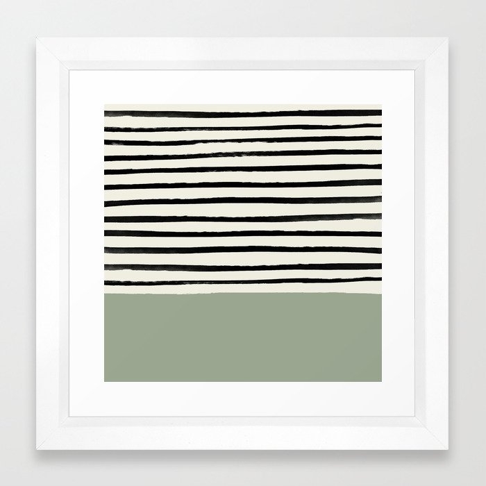 Sage Green X Stripes Framed Art Print by Leah Flores - Vector White - X-Small-12x12 - Image 0