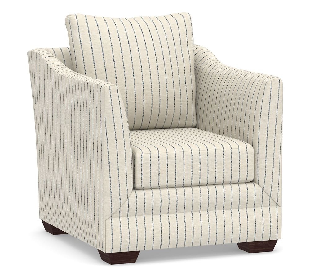 Celeste Upholstered Armchair, Polyester Wrapped Cushions, Slubby Pinstripe Blue - Image 0
