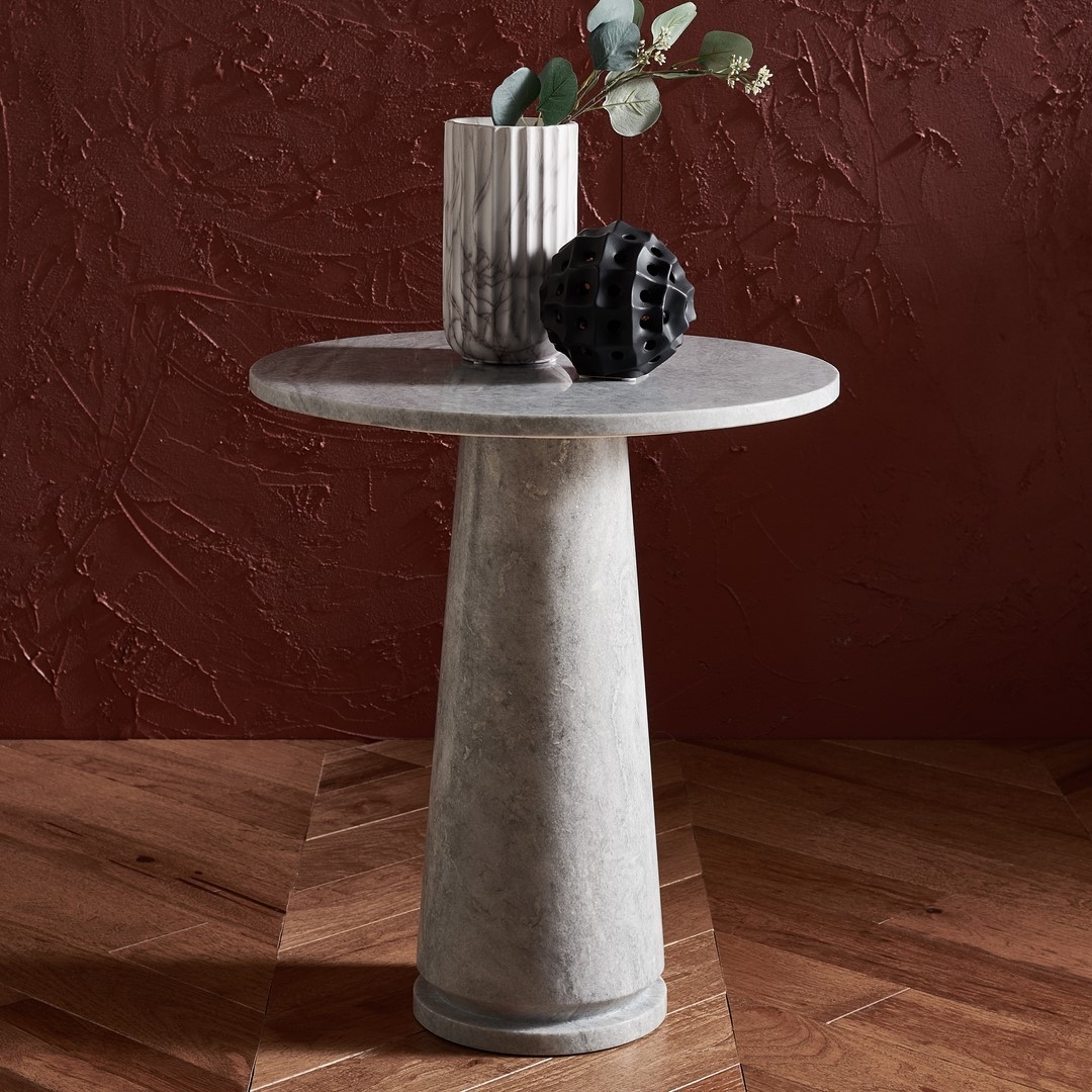 Valentia Tall Round Marble Accent Table - Light Grey - Image 1