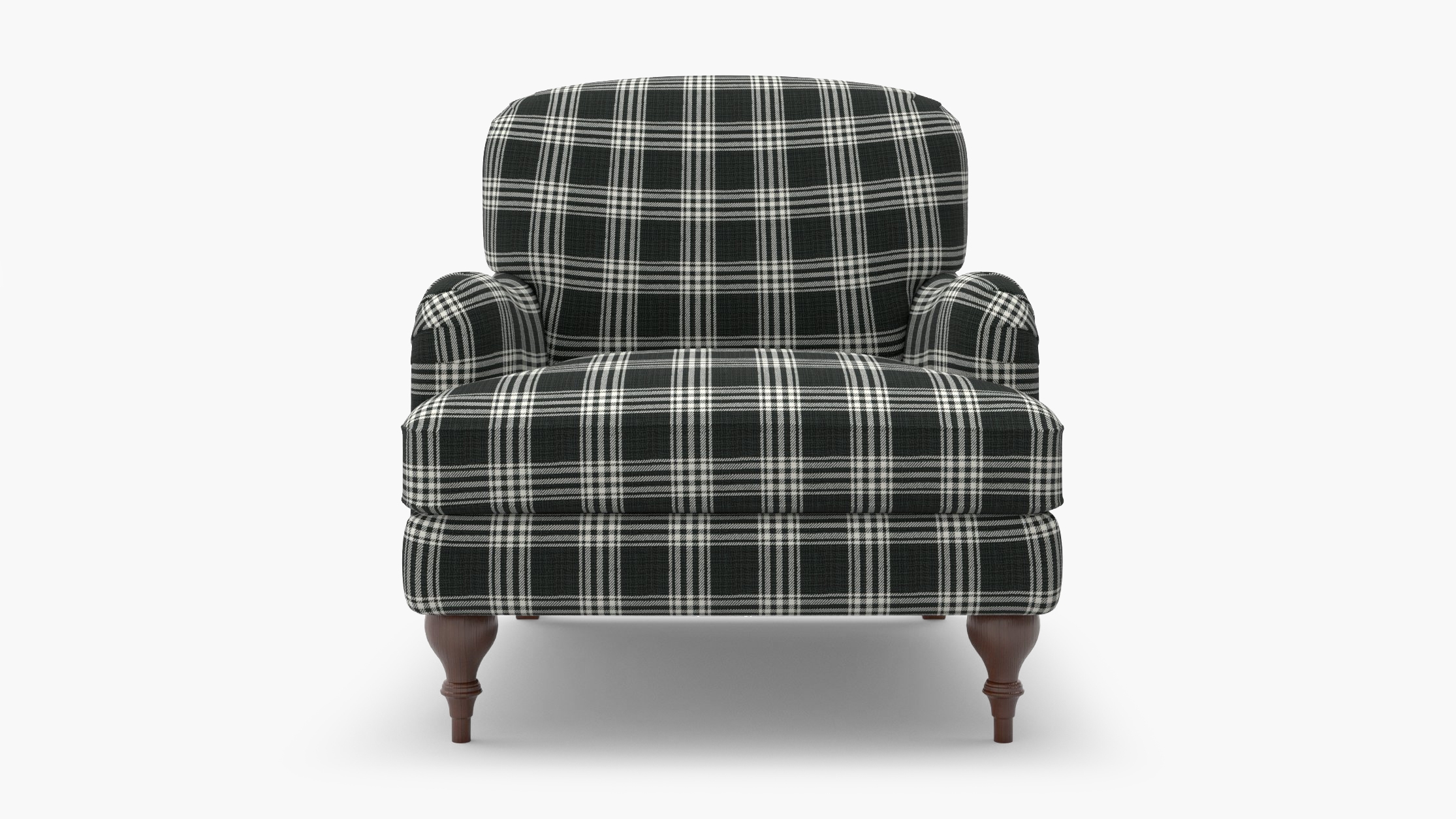 English Roll Arm Chair, Barnegat Plaid, Walnut Turned Wood Leg - Image 0