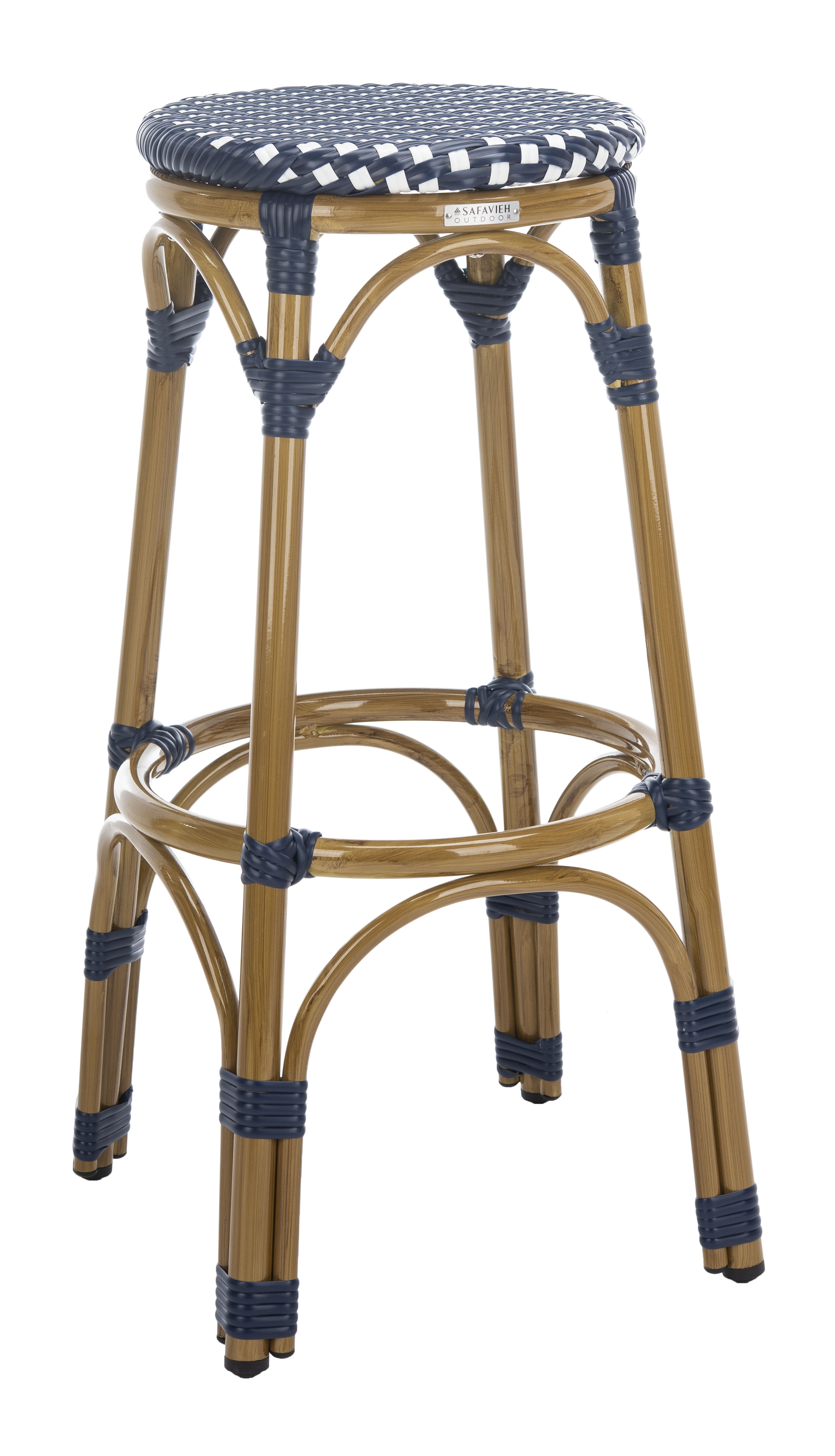 Kipnuk Indoor-Outdoor Stacking Bar Stool - Navy/White/Light Brown - Safavieh - Image 1