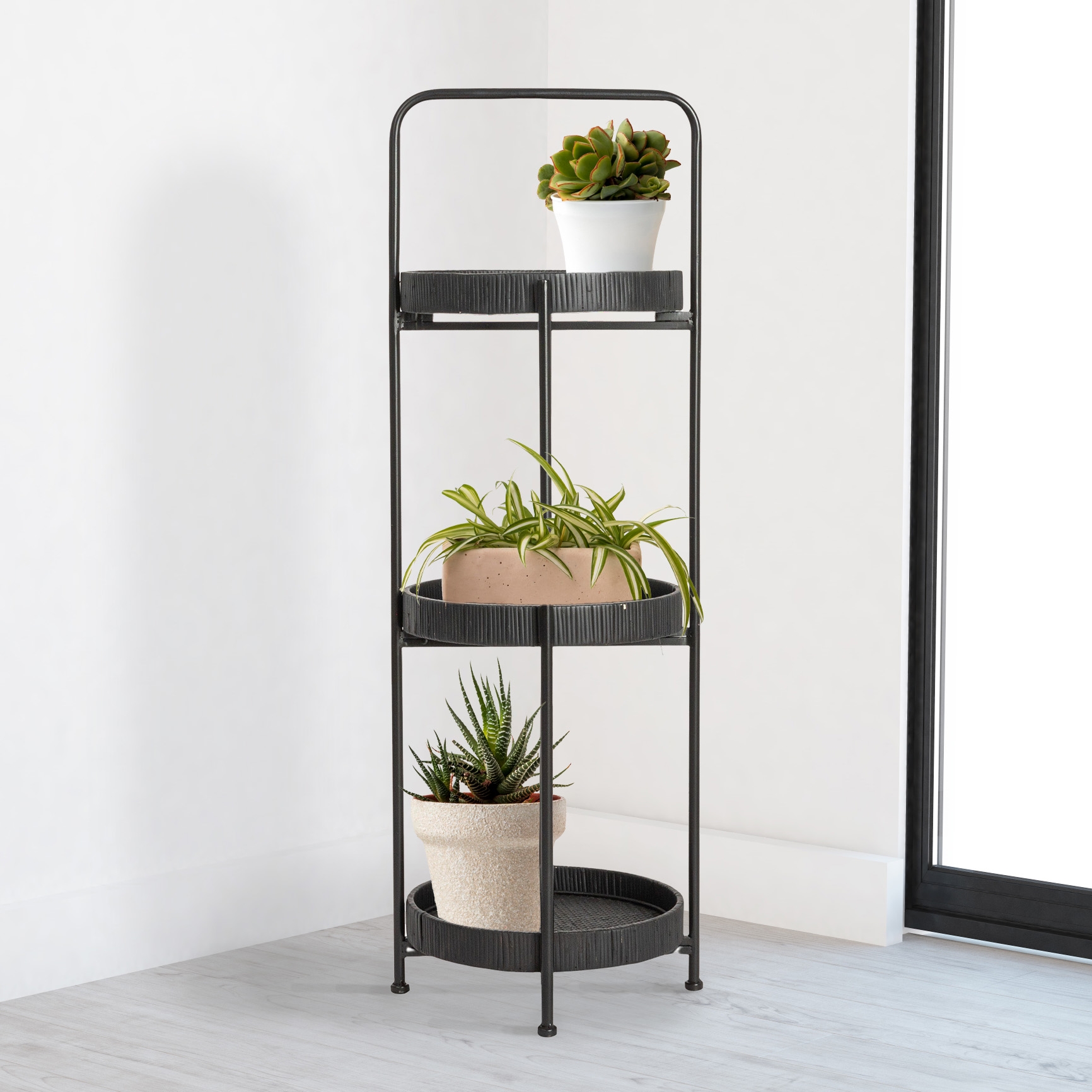 Modern Arched Metal Plant Stand or Shelf with 3 Round Removable Rattan Trays, Black - Image 0