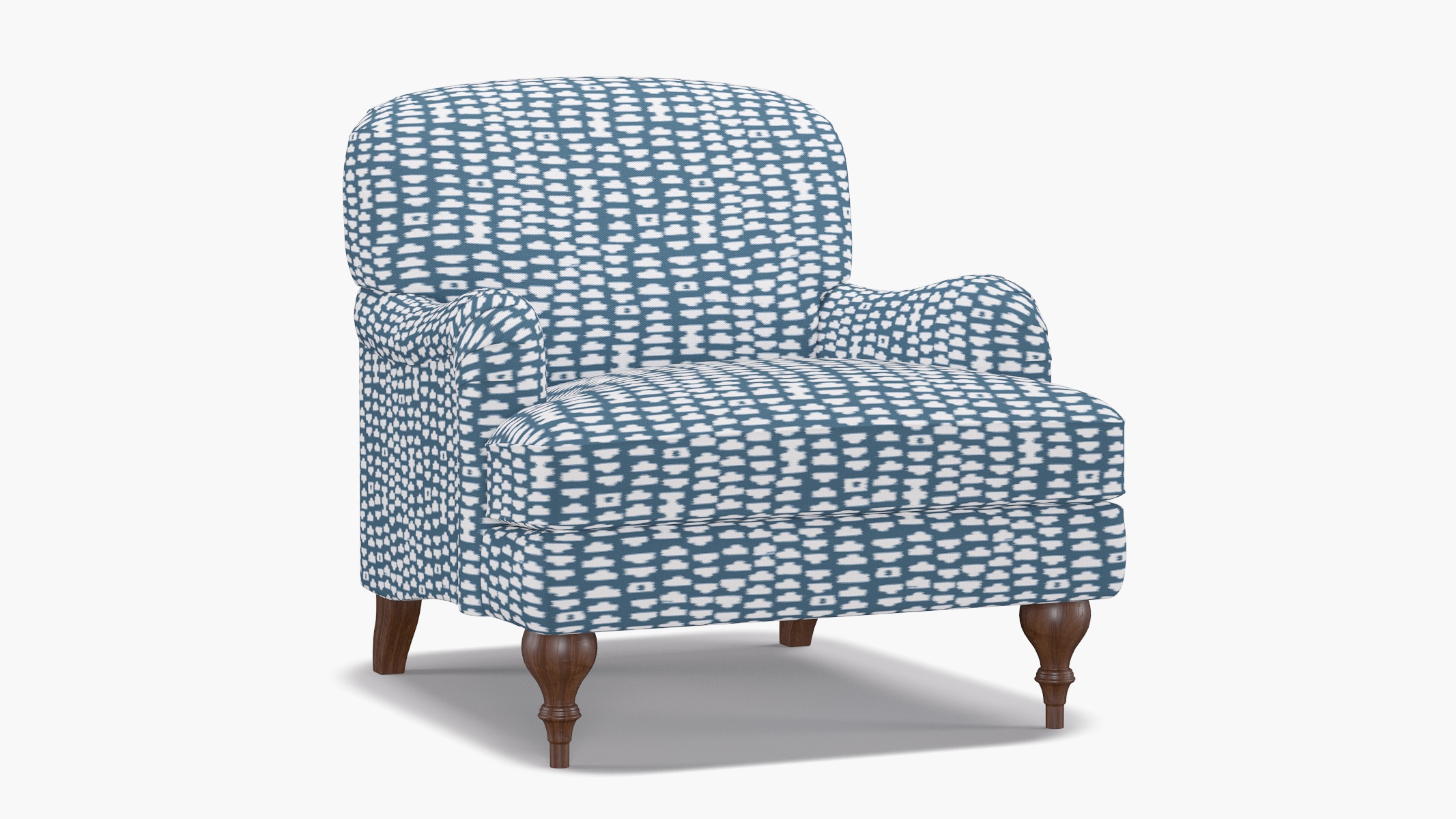 English Roll Arm Chair, Dusty Blue Odalisque, Walnut Turned Wood Leg - Image 1