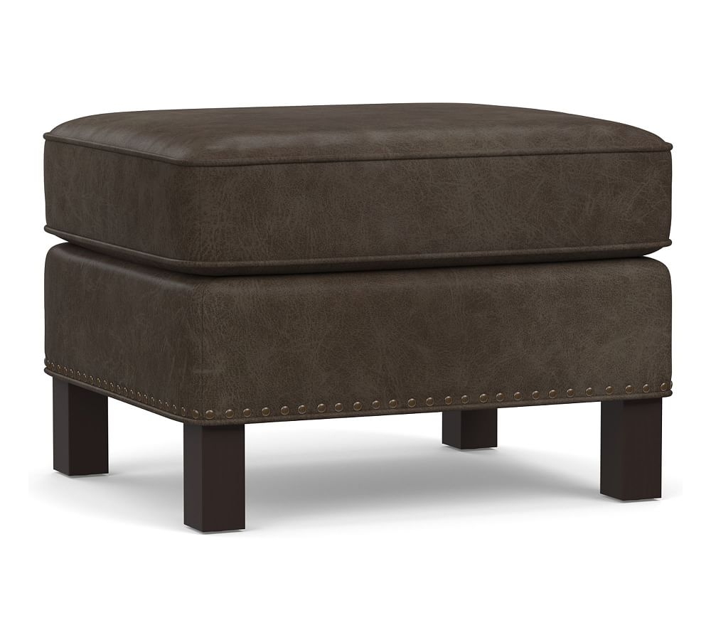 Tyler Square Arm Leather Ottoman with Oxidized Satin Brass Nailheads, Polyester Wrapped Cushions, Statesville Wolf Gray - Image 0