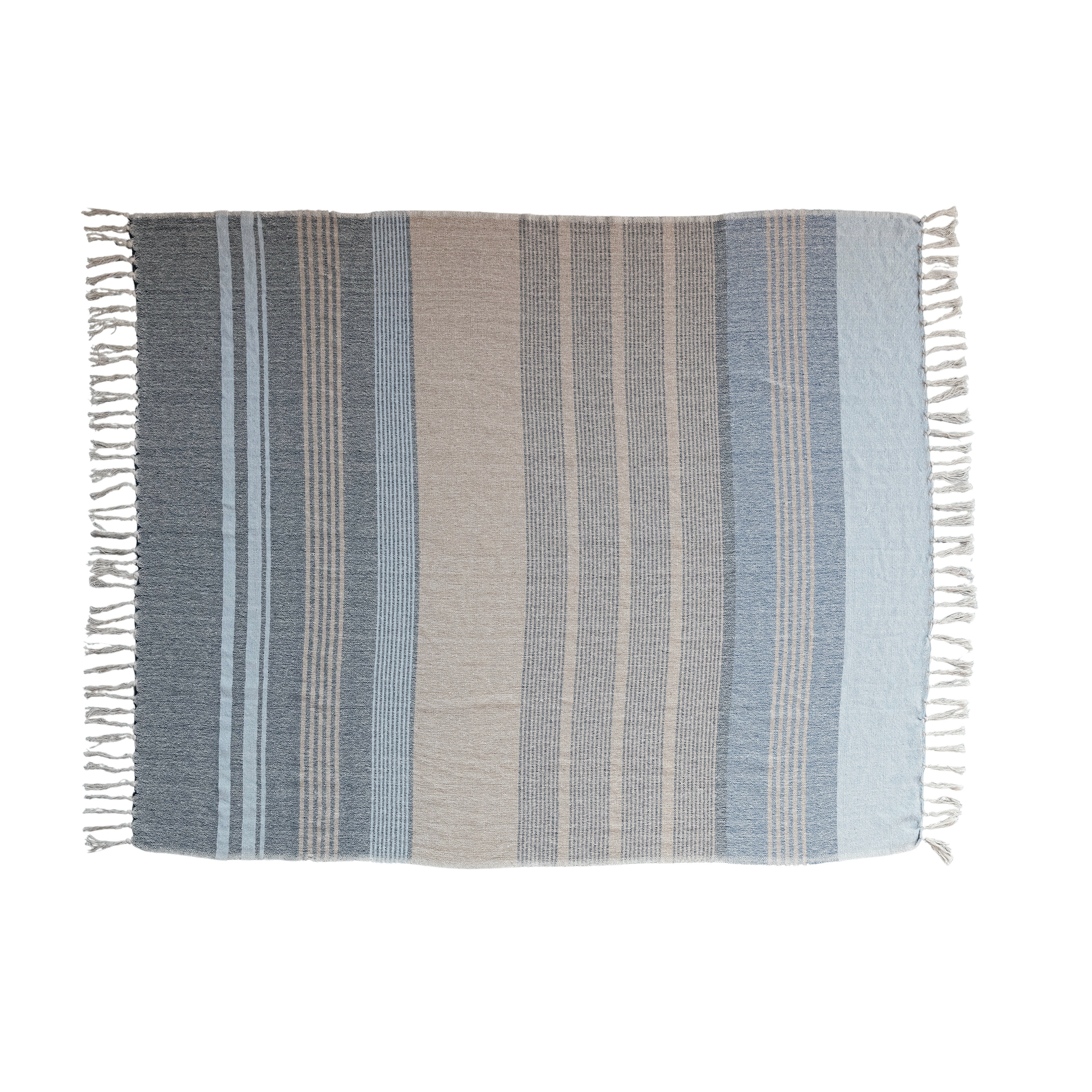 Striped Cotton Blend Throw with Fringe, Light Blue - Image 0