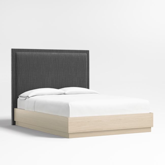 Meraux 56" Charcoal Grey Queen Upholstered Headboard with Batten White Oak Bed Base - Image 0