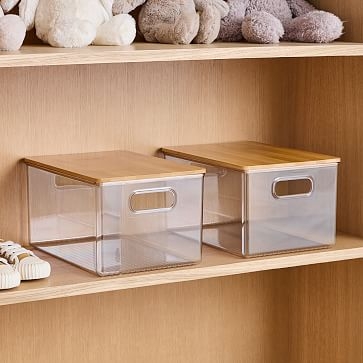 Clear Bin With Bamboo Lid 8x8x6, Clear Natural, Set of 2 - Image 1